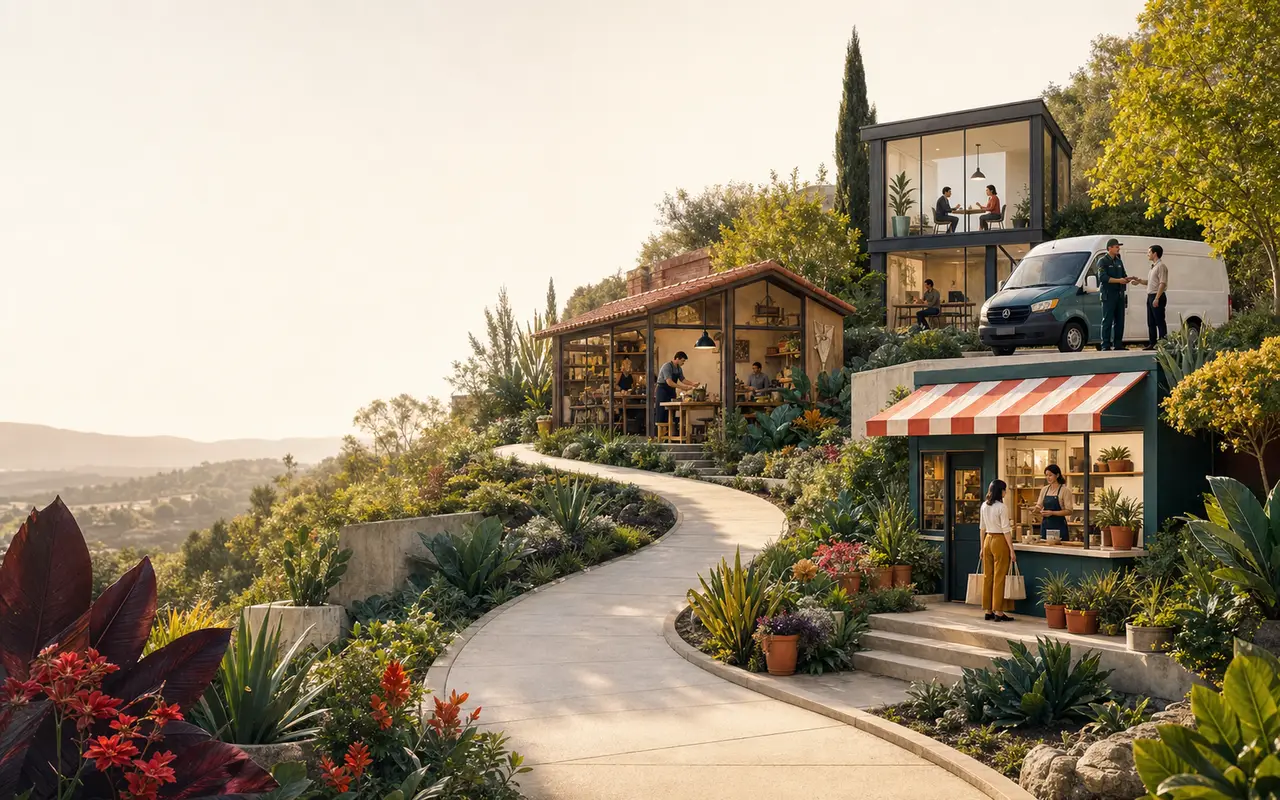 A clear path winding through a landscaped garden of different businesses
