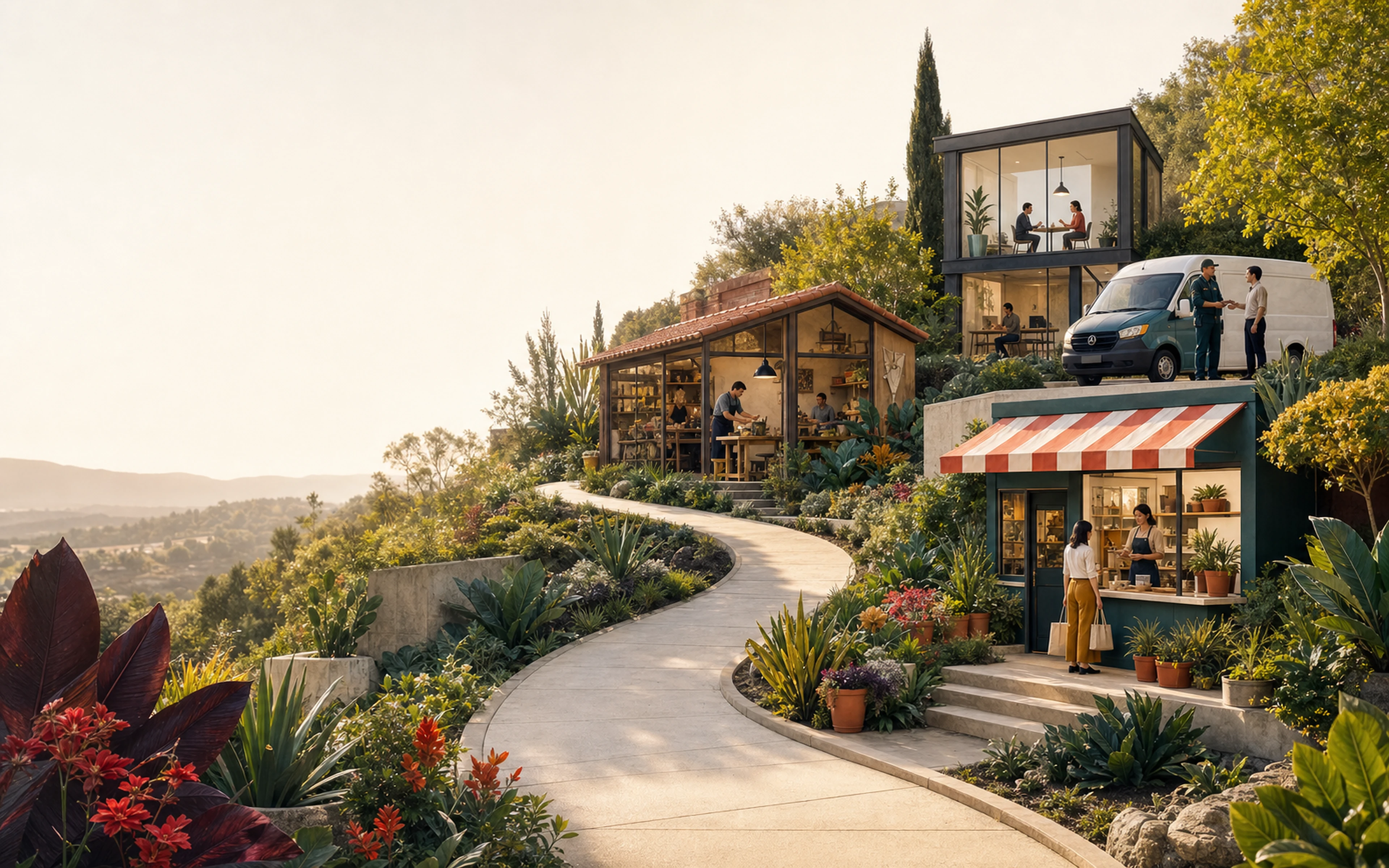 A clear path winding through a landscaped garden of different businesses
